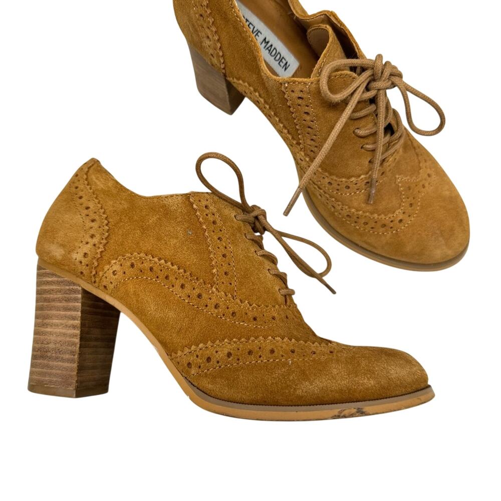 Steve Madden Tan Leather Oxford Lace Up Boots Women’s 6.5 Stacked Heel Booties